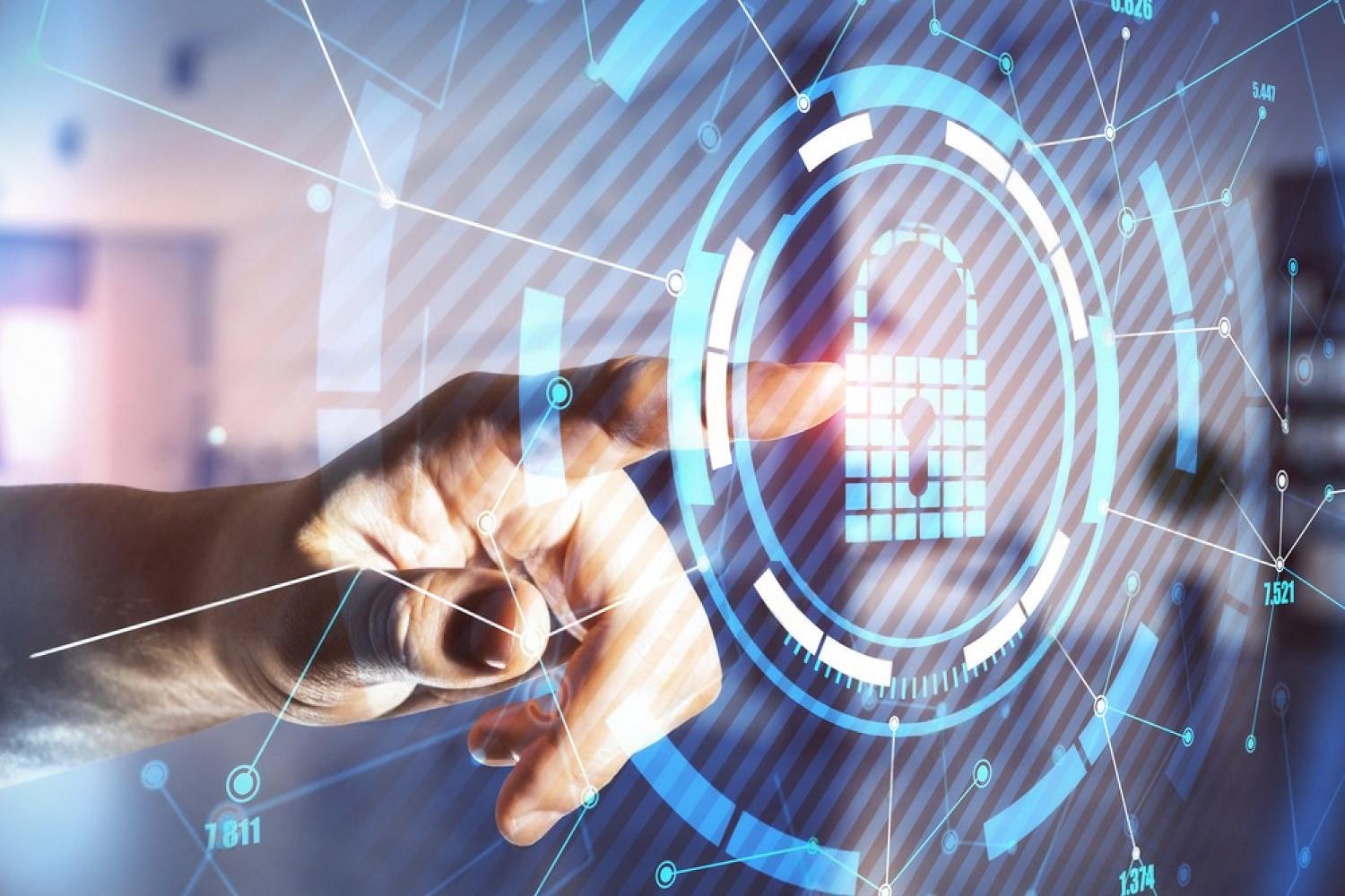 Hand touching a digital security lock interface representing biometric safe protection