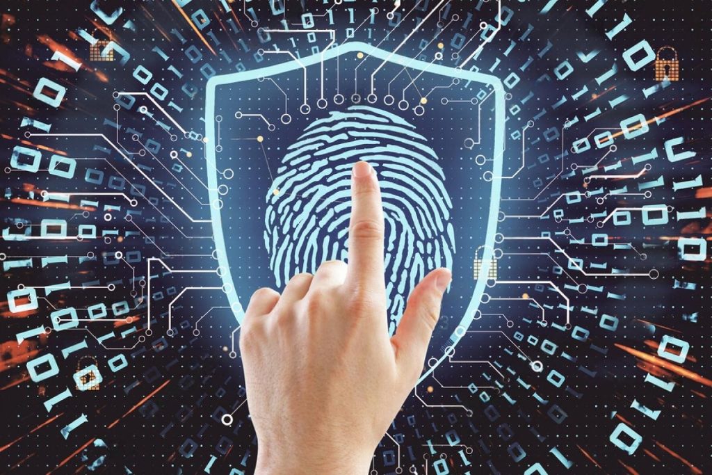 Fingerprint recognition shield on a circuit board illustrating biometric safe technology